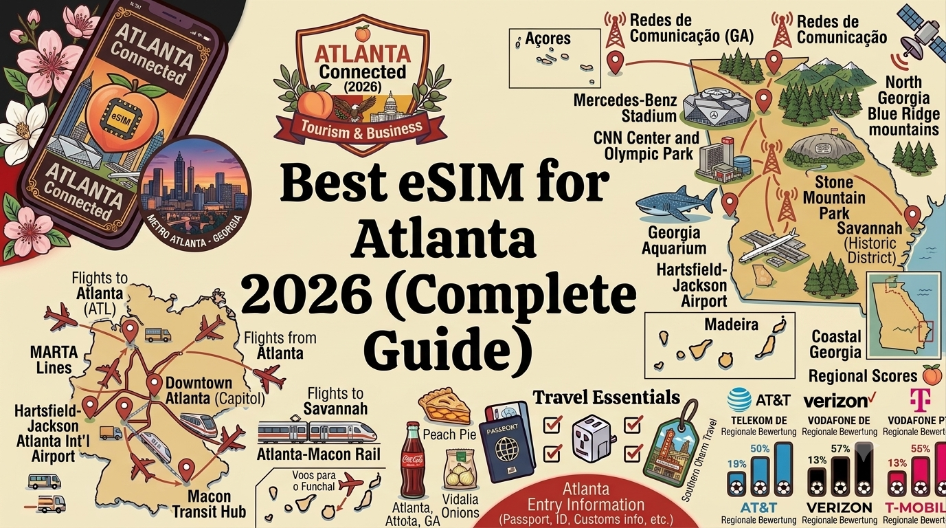 Traveler using a smartphone with an eSIM travel plan near Centennial Olympic Park in downtown Atlanta