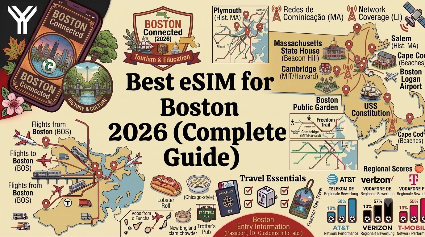 Traveler checking a smartphone with an eSIM travel plan near the Freedom Trail in Boston with historic buildings in the background