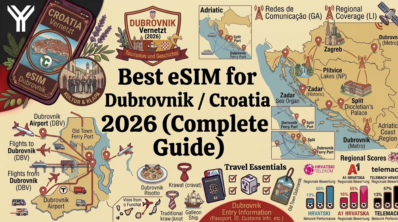 Traveler using a smartphone with an eSIM travel plan overlooking the old town walls and harbor of Dubrovnik, Croatia
