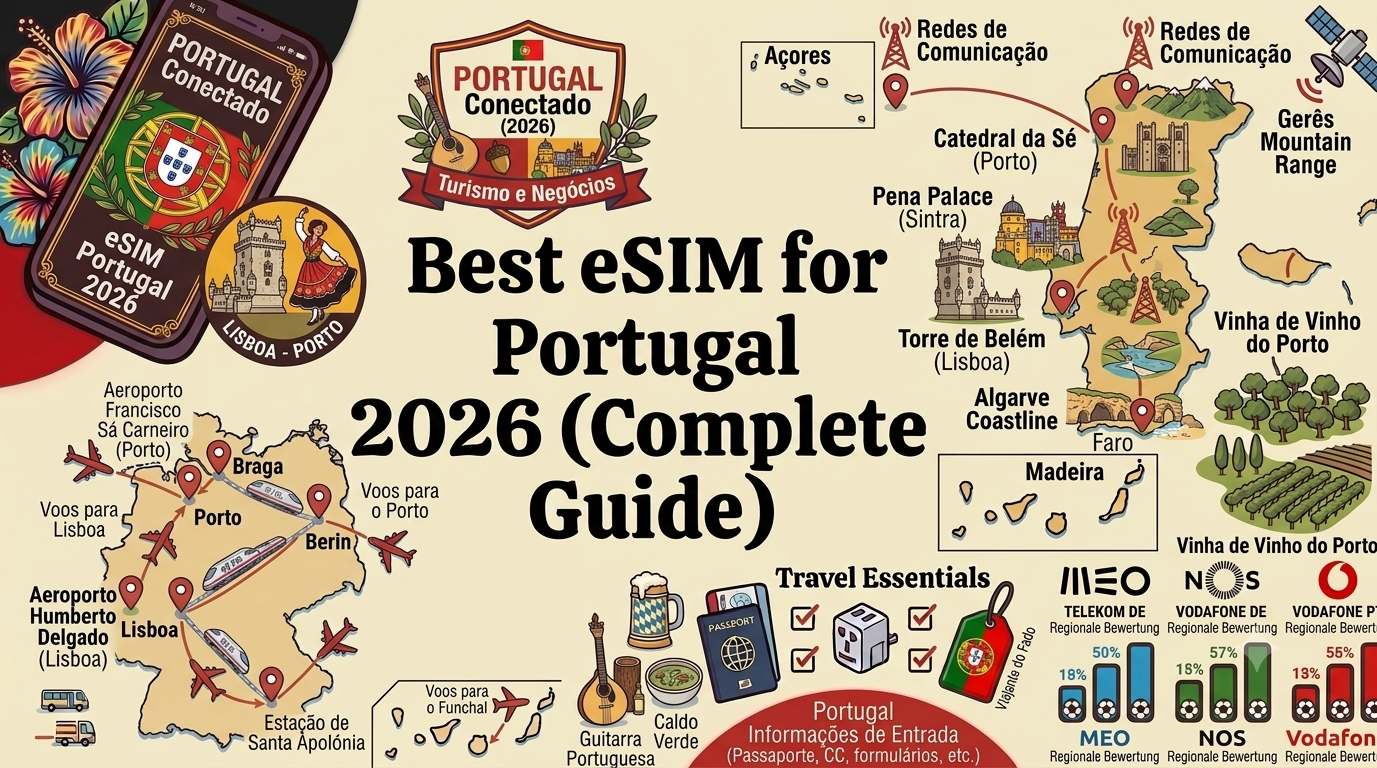 Traveler using a smartphone with an eSIM travel plan overlooking the colorful streets of Lisbon, Portugal