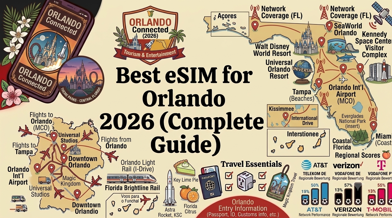 Family using a smartphone with an eSIM travel plan near the entrance of a theme park in Orlando, Florida