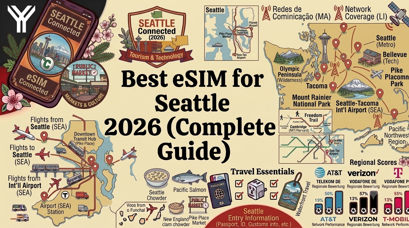 Traveler using a smartphone with an eSIM travel plan near the Space Needle in Seattle