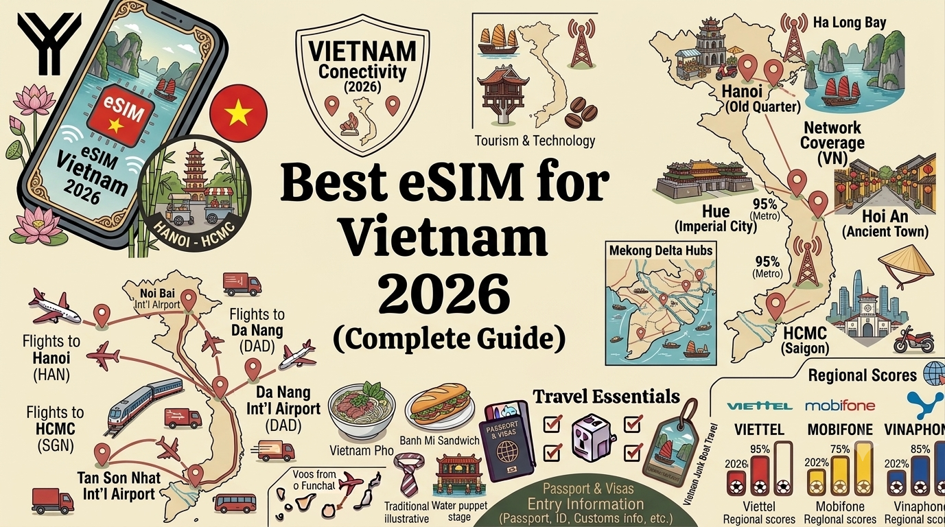 Traveler using a smartphone with an eSIM travel plan on a street in Hanoi's Old Quarter, Vietnam